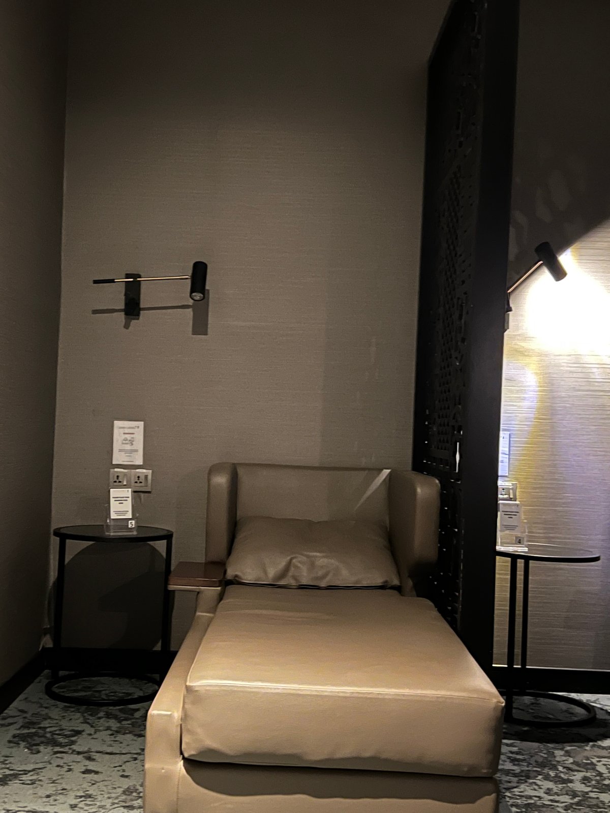 An empty leather relaxation chaise (numbered pod '5')