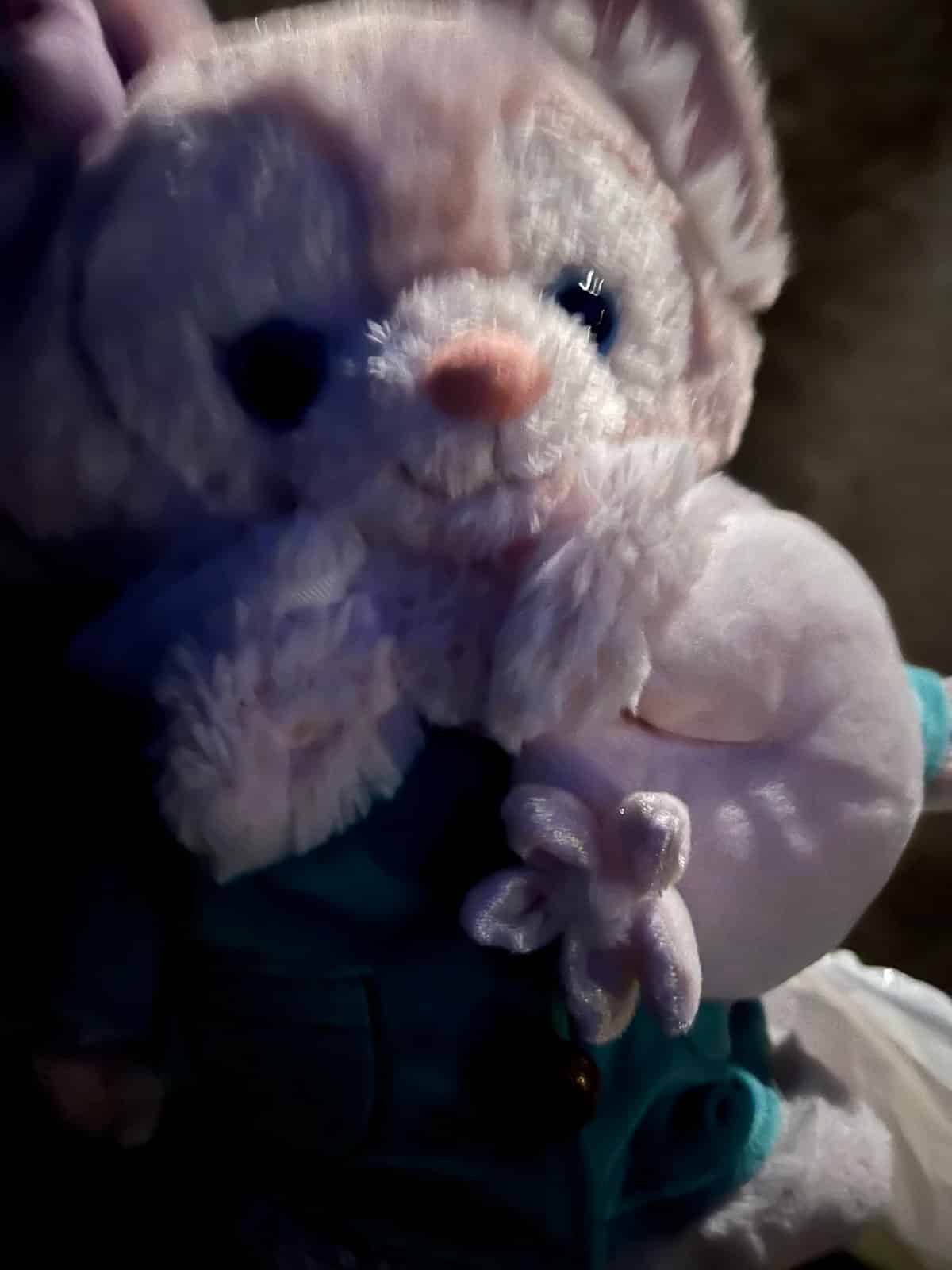 Close-up of a cream/white Duffy-friend plush toy held