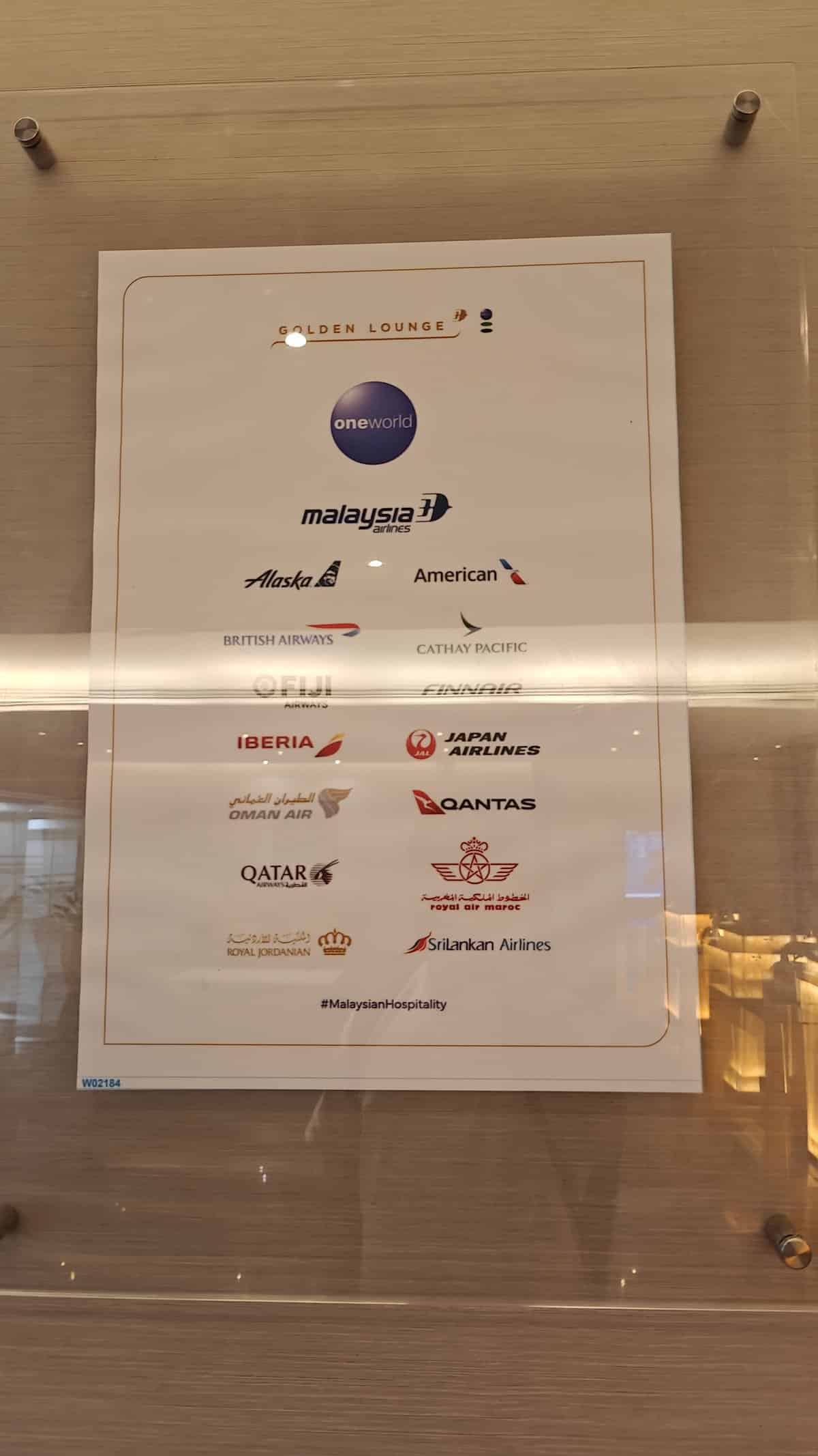 Framed poster listing Golden Lounge's oneworld alliance partners: