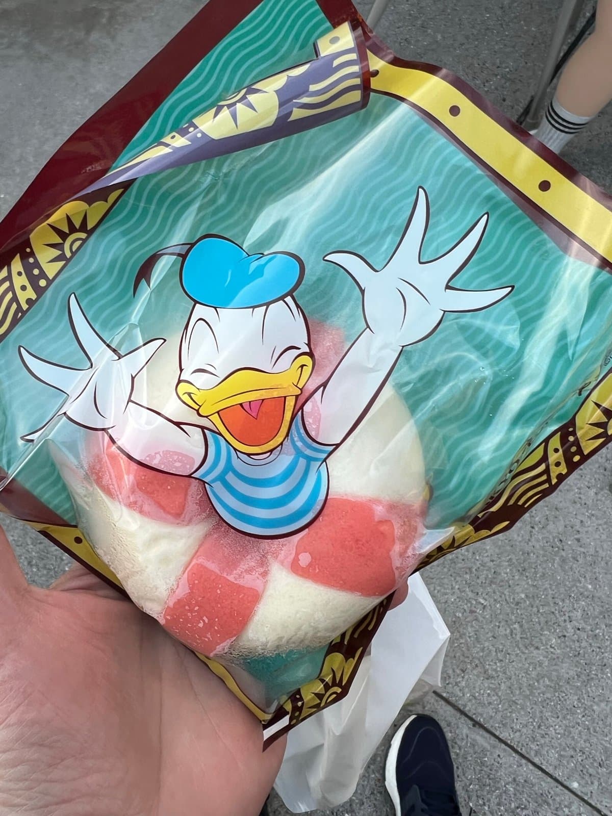 Hand holding a snack pouch printed with Donald