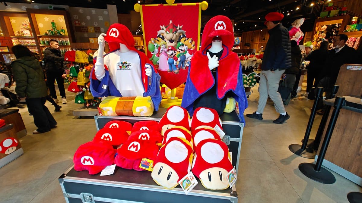 Inside merchandise shop - shelves of Nintendo plush