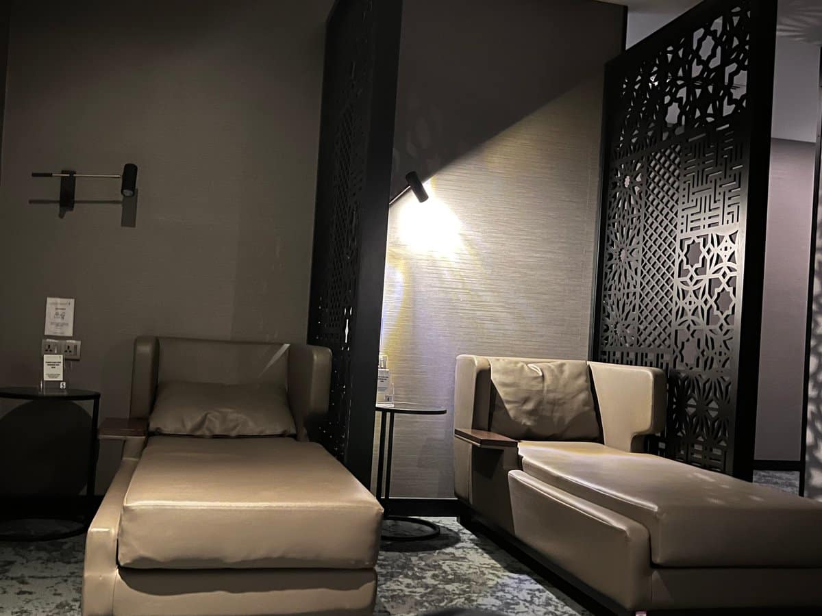 Numbered private relaxation pods row