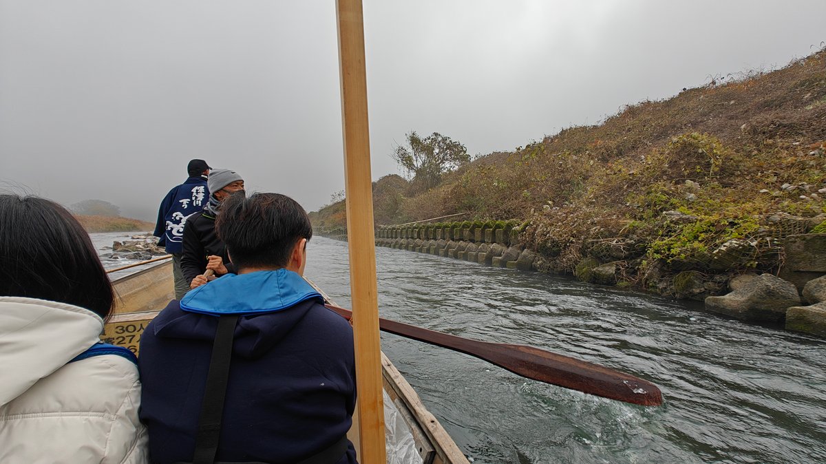 Passengers gazing over misty gorge