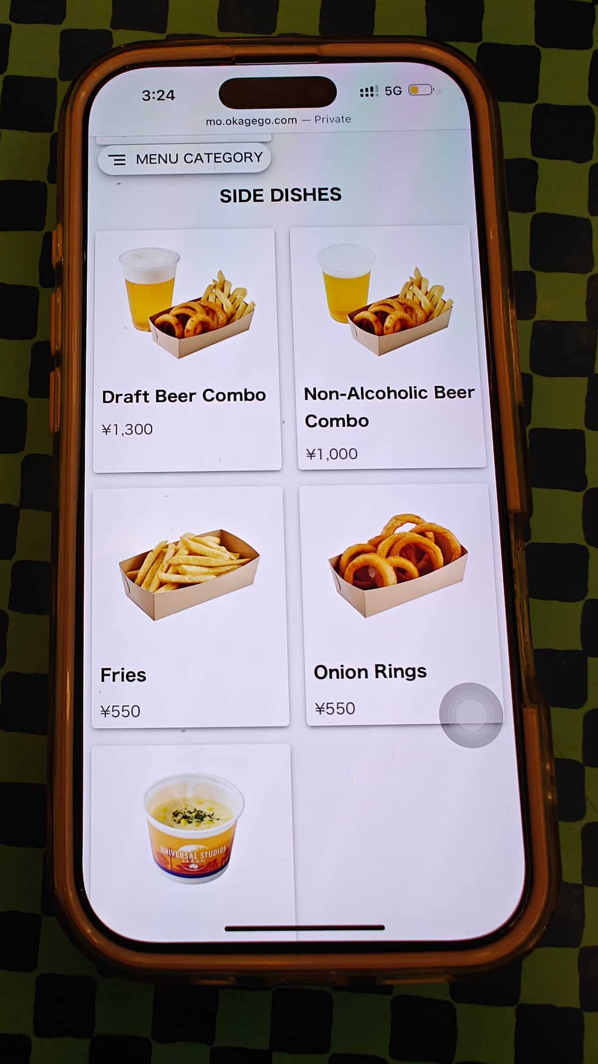 Phone screen showing Side Dishes - Draft Beer