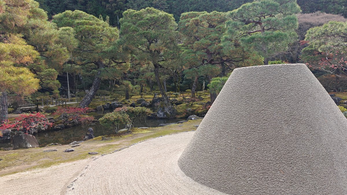 Raked silver sand garden with cone