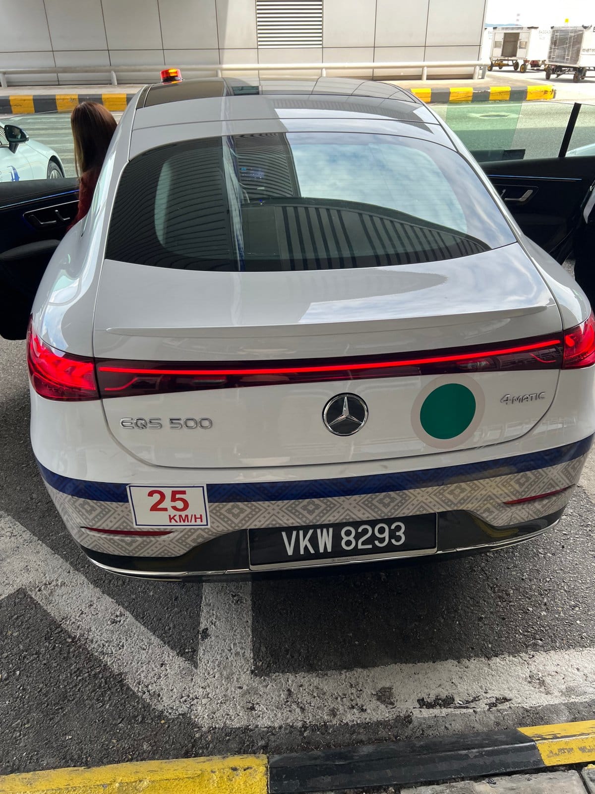 Rear three-quarter view of a white Mercedes-Benz EQS