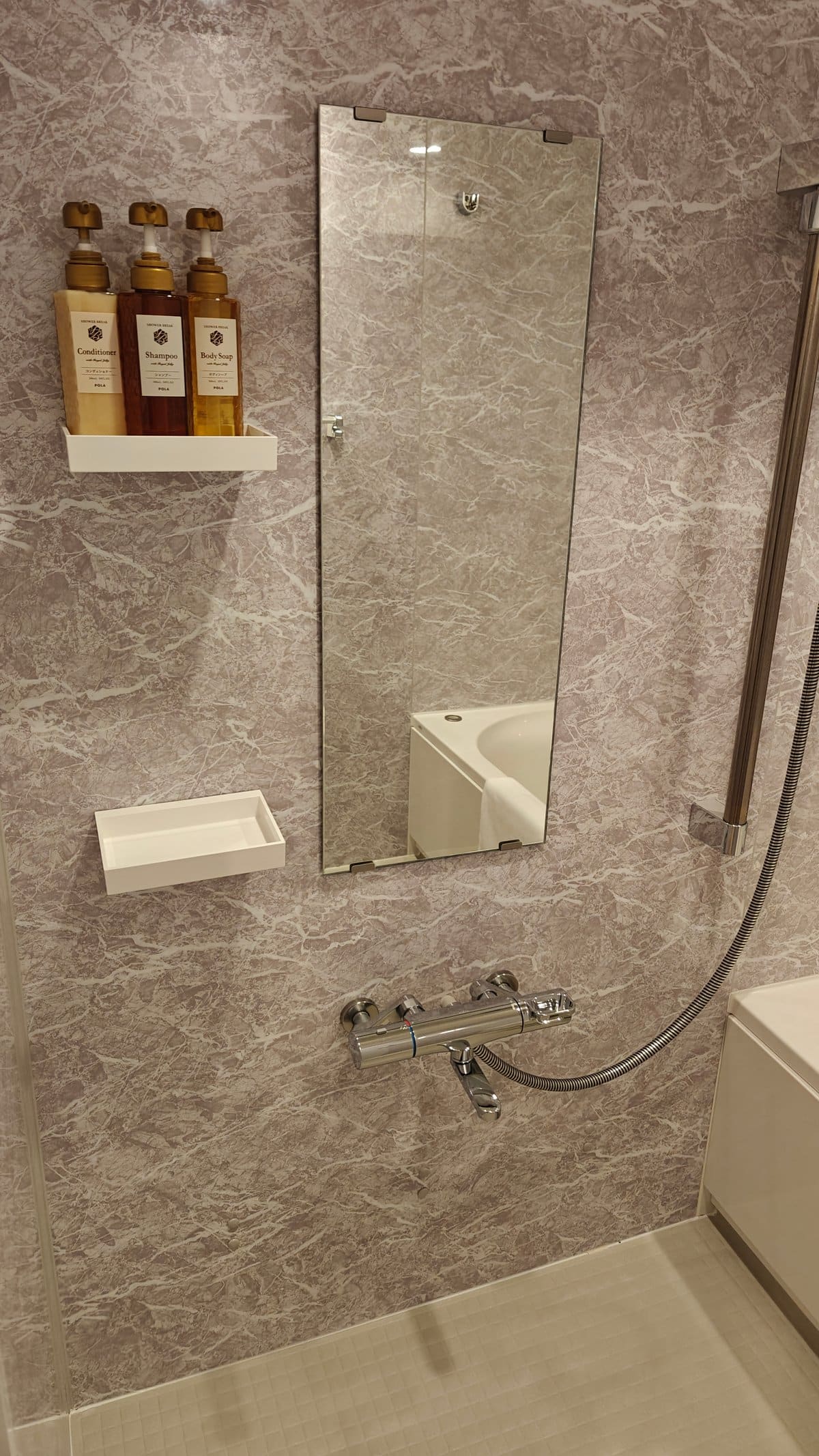Shower with toiletries bottles