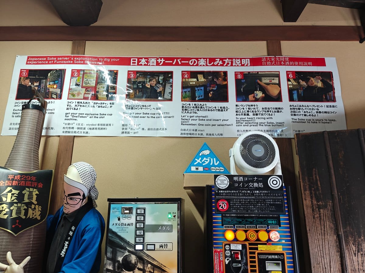 The illustrated how-to poster above the machines: 日本酒サーバーの楽しみ方説明