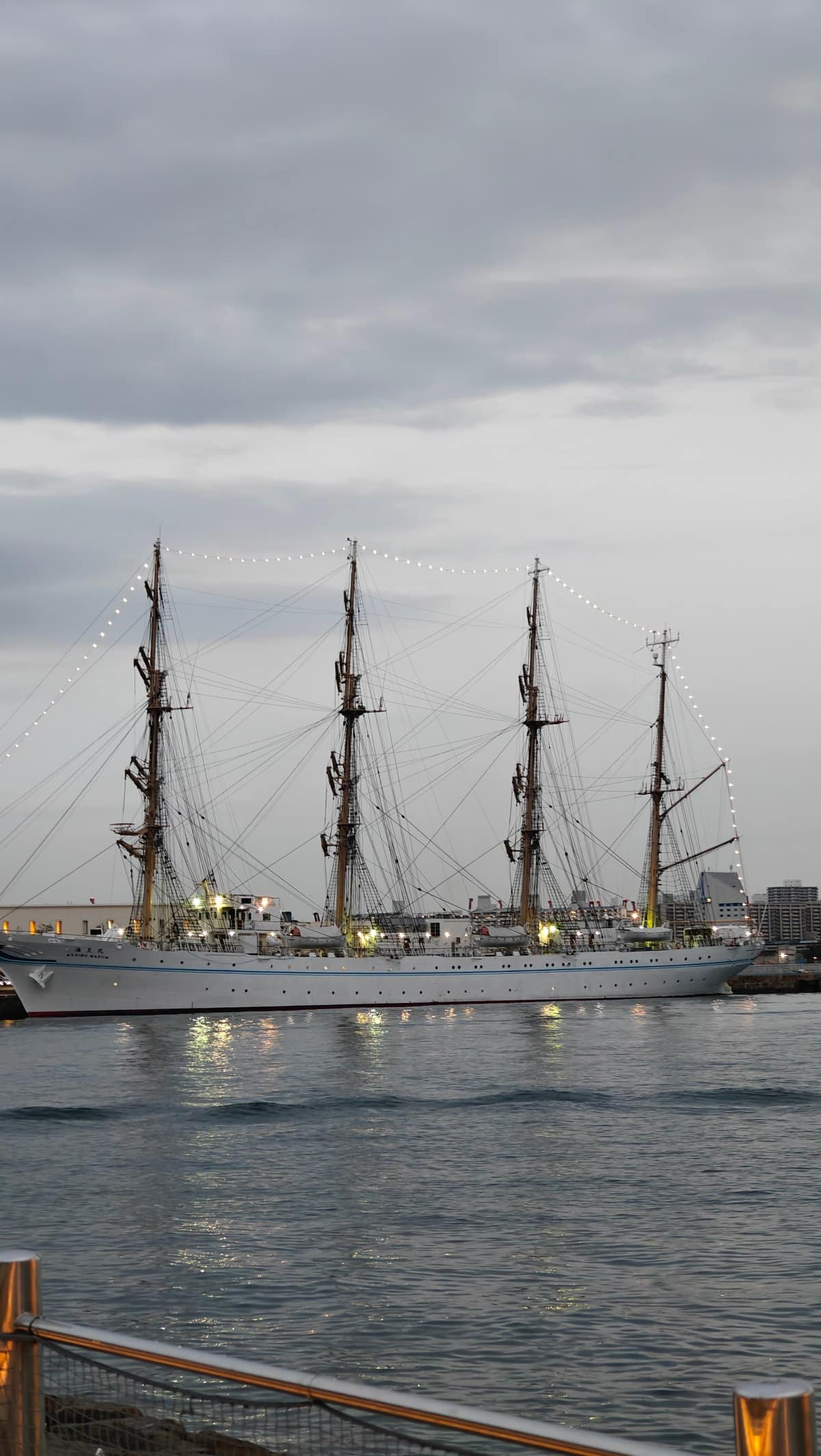 Three-masted tall ship moored