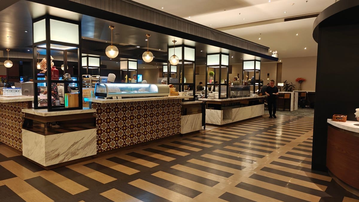 Wide view of another live buffet/cooking counter row