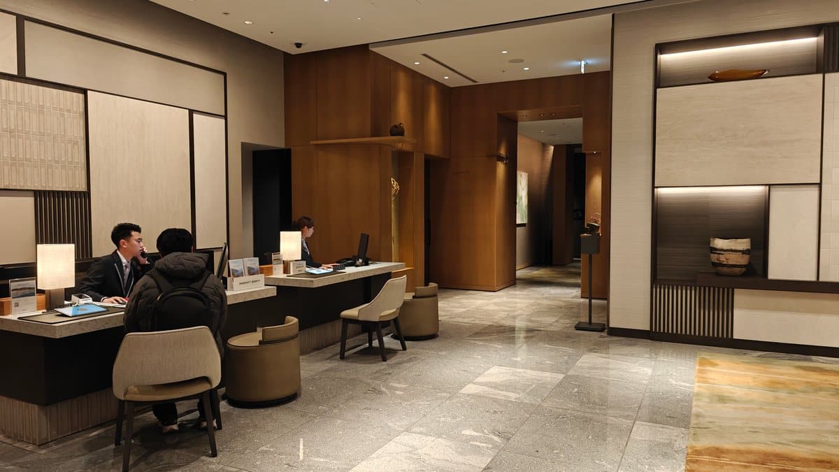 Wood-panelled reception desks