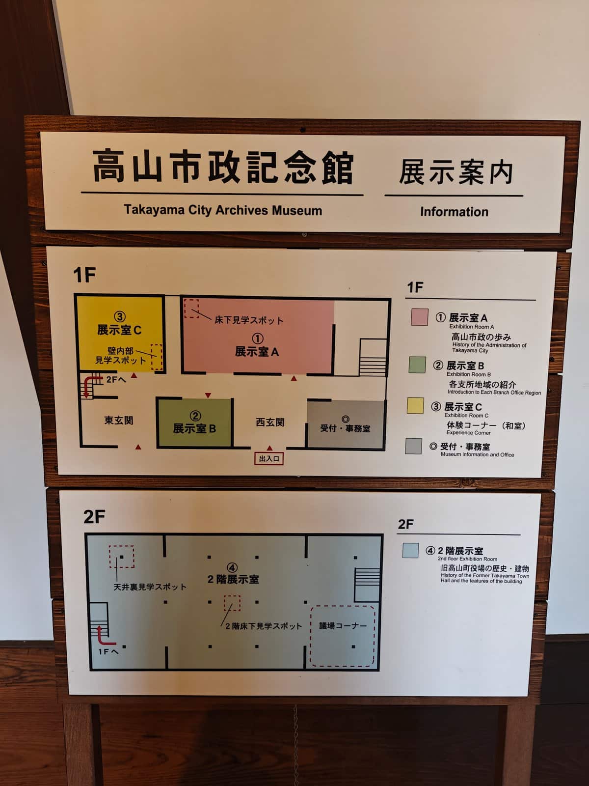 Wooden-framed exhibition information / floor-plan board: 「高山市政記念館 展示案内」(Takayama