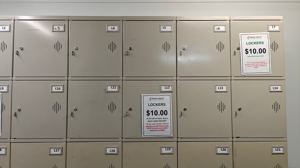 A bank of coin lockers with $10.00 signs