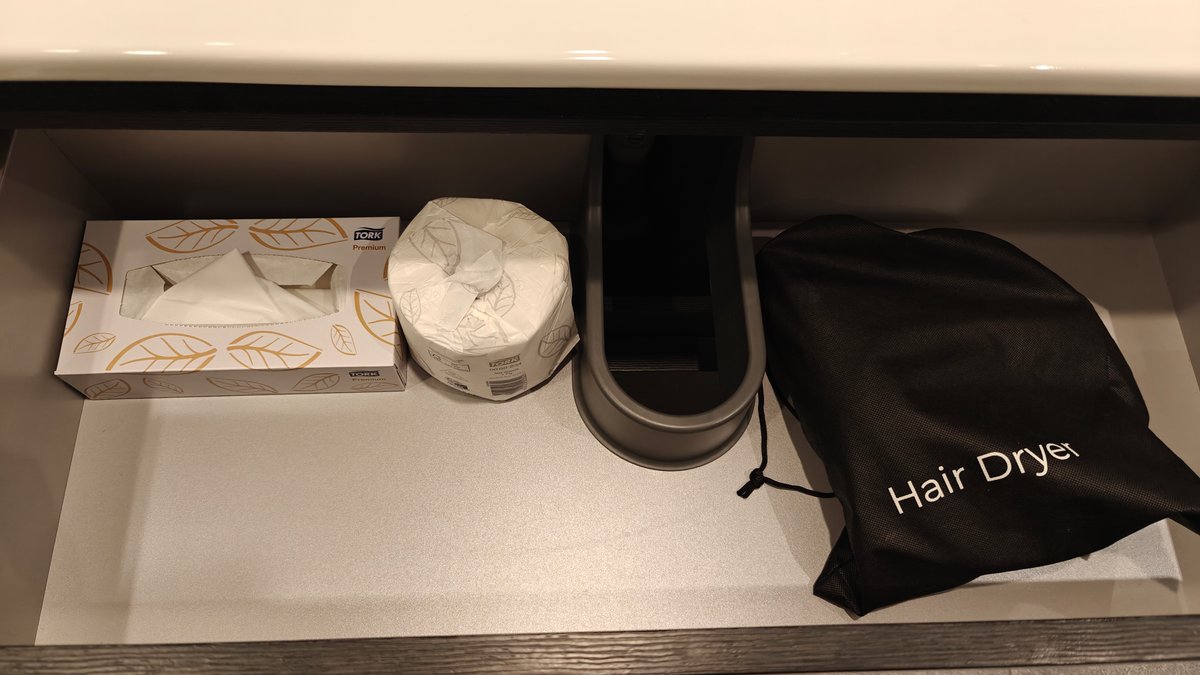 A drawer with tissues, spare toilet rolls and
