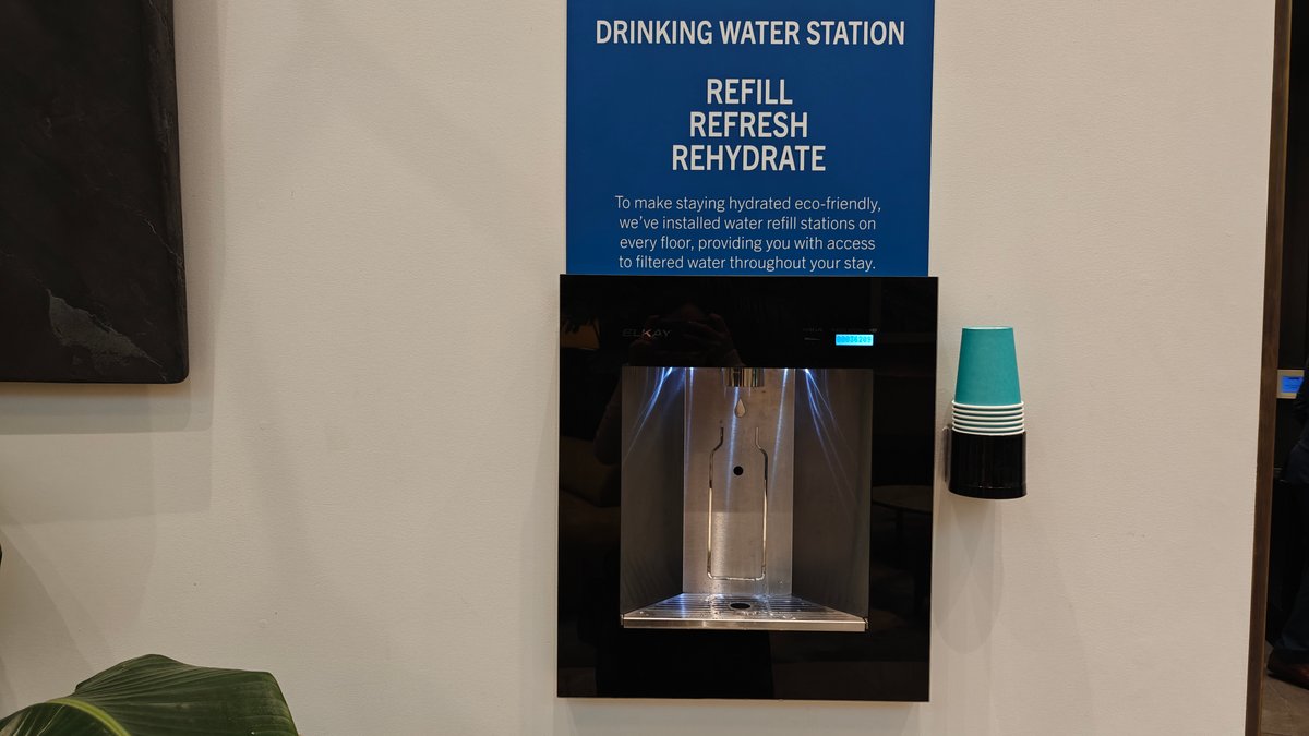 A drinking water station in the lobby with