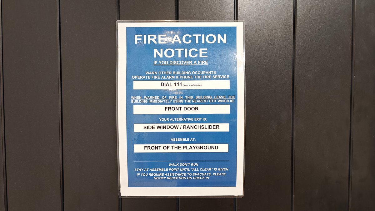 A FIRE ACTION NOTICE mounted on the wardrobe
