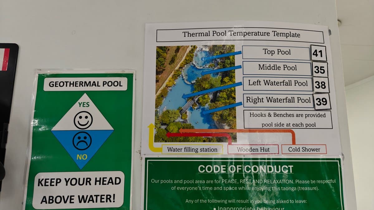 A geothermal pool sign warning to keep your