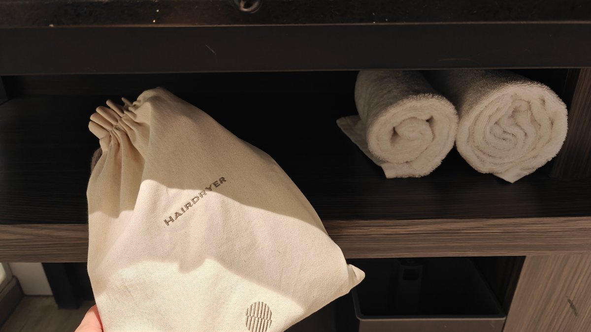 A hairdryer in its bag beside rolled towels