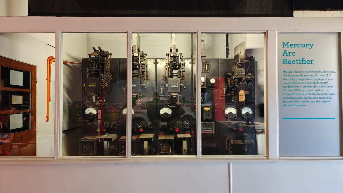 A Mercury Arc Rectifier displayed behind glass with