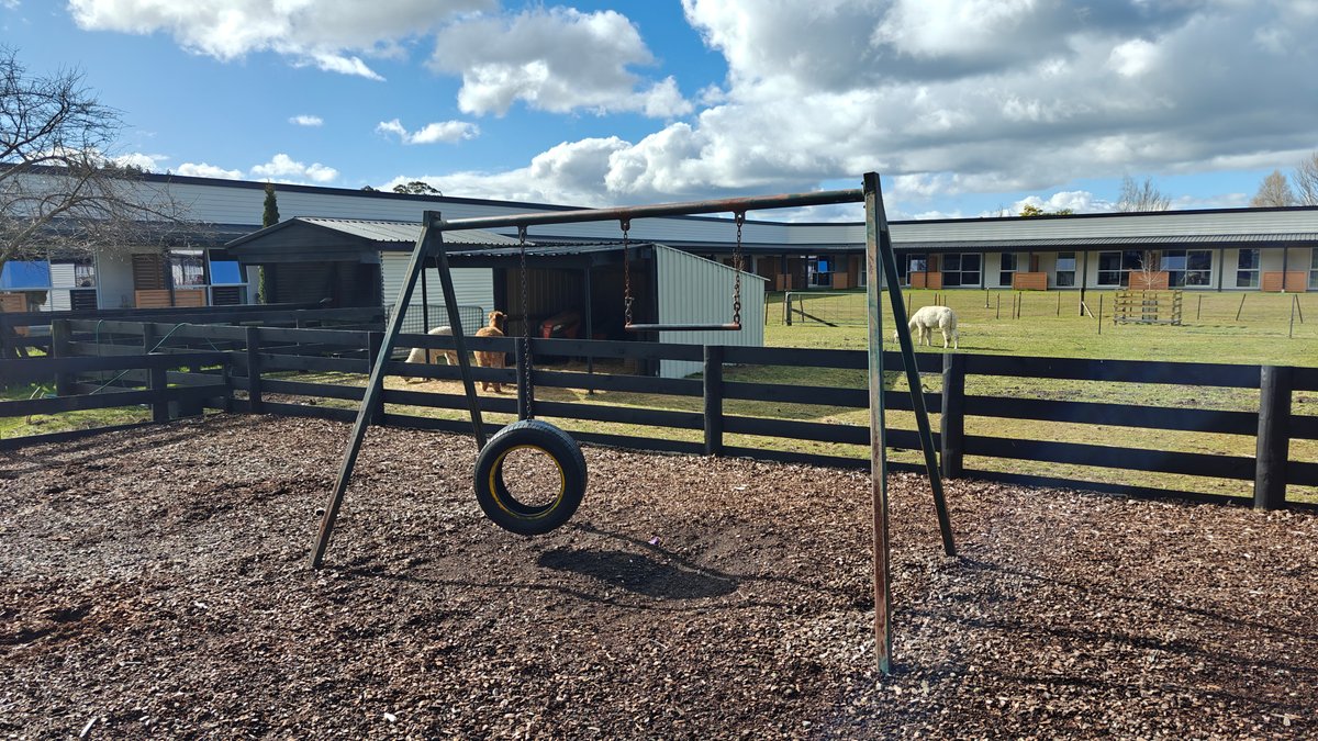A swing set with a tyre swing hung