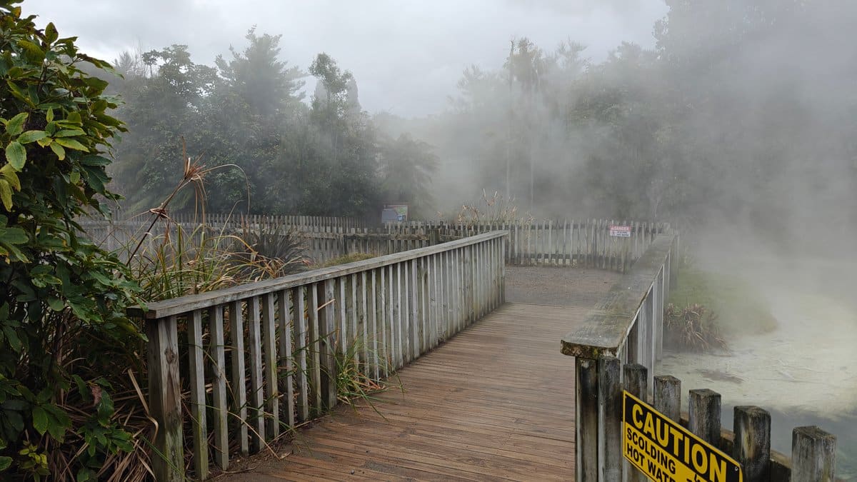 A timber boardwalk with a yellow caution sign