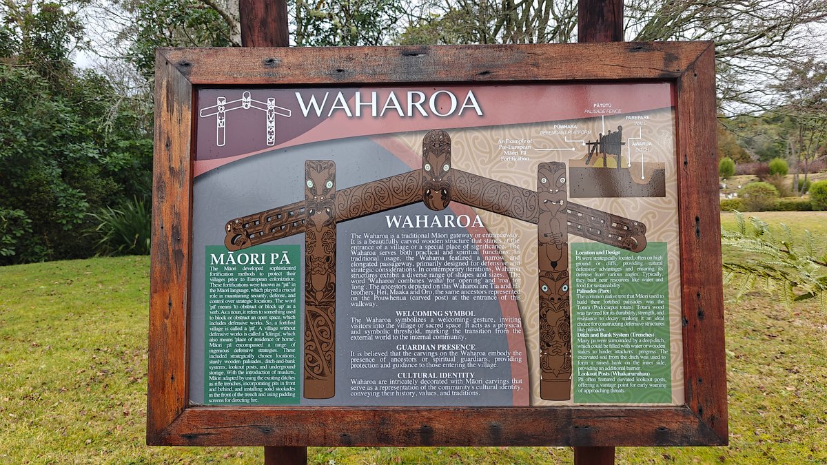 A WAHAROA interpretive board with panels headed MAORI