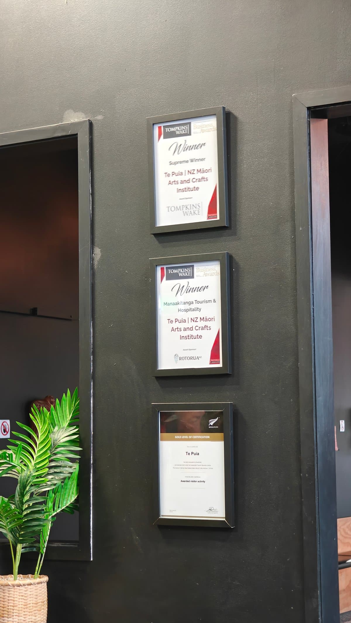 A wall of framed certificates beside the office