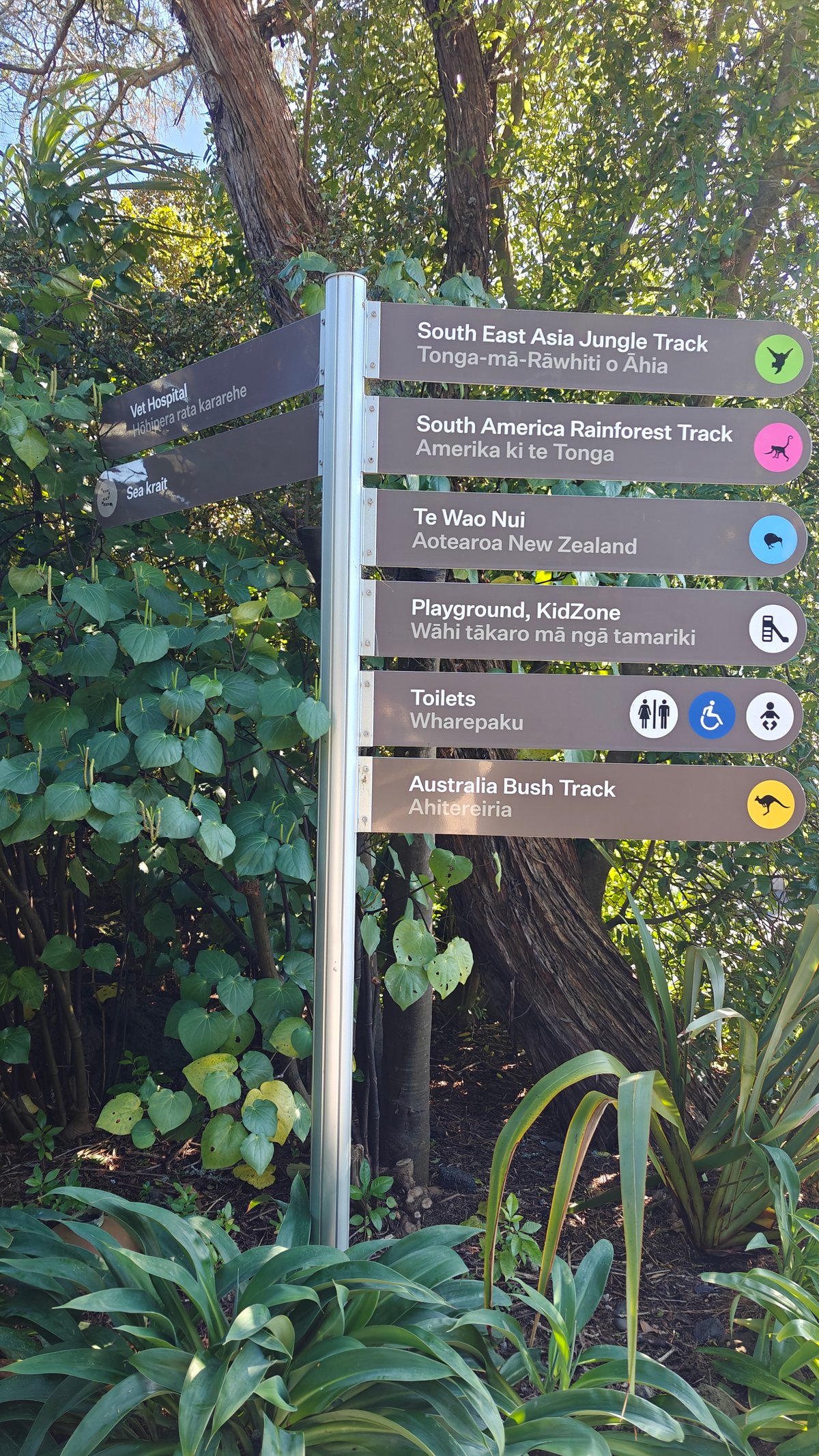 A wayfinding post listing the South East Asia