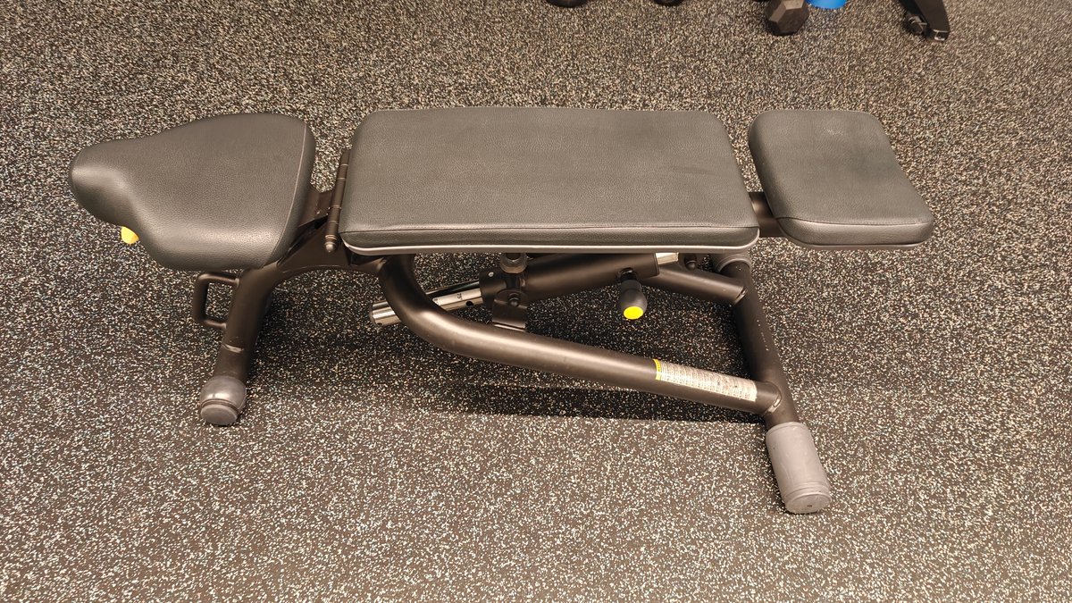 A weights bench with leg-curl attachment.