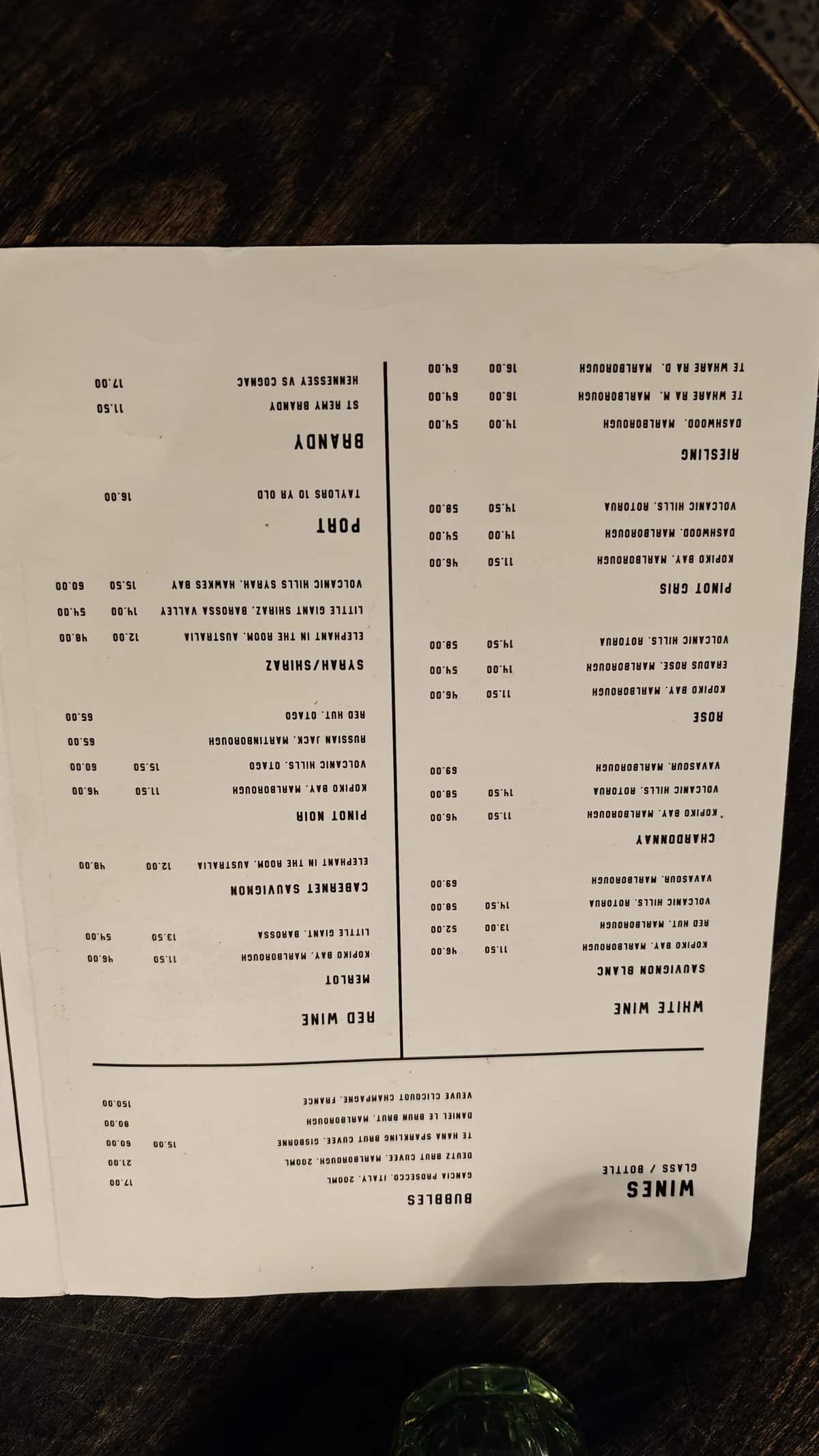 A wine list page with the whites and