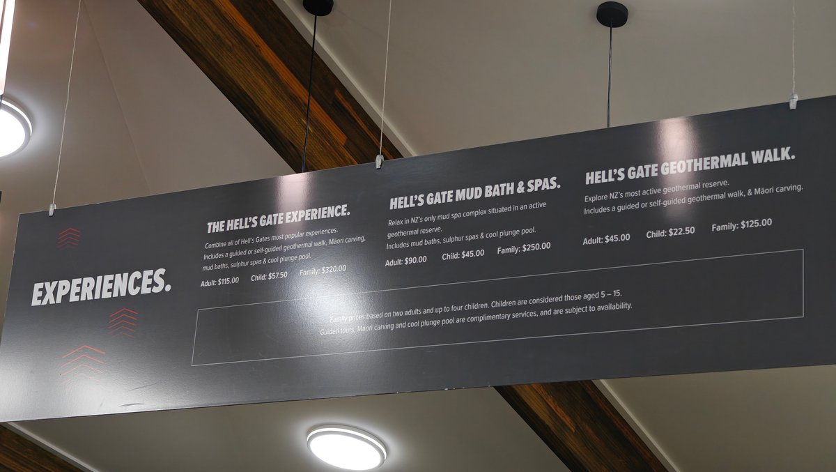 An EXPERIENCES board inside listing the Hell's Gate