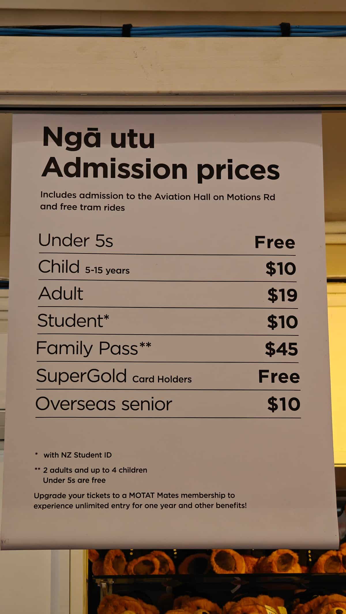 An Ngā utu / Admission prices board —