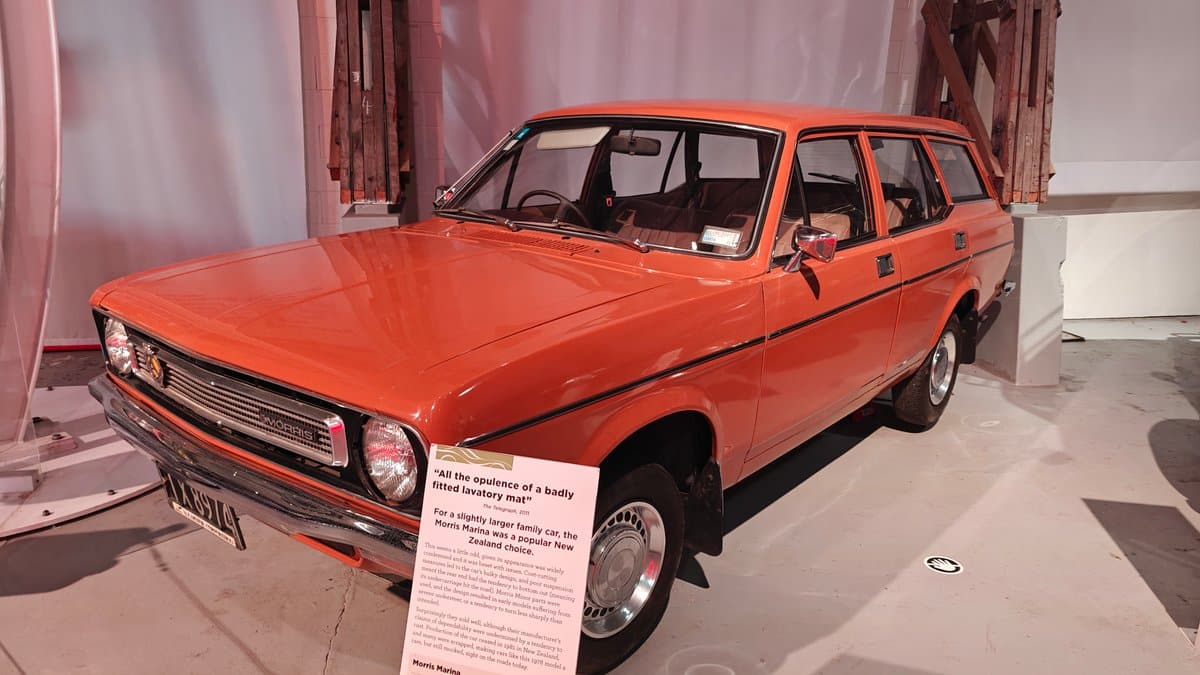An orange Morris Marina estate on display.