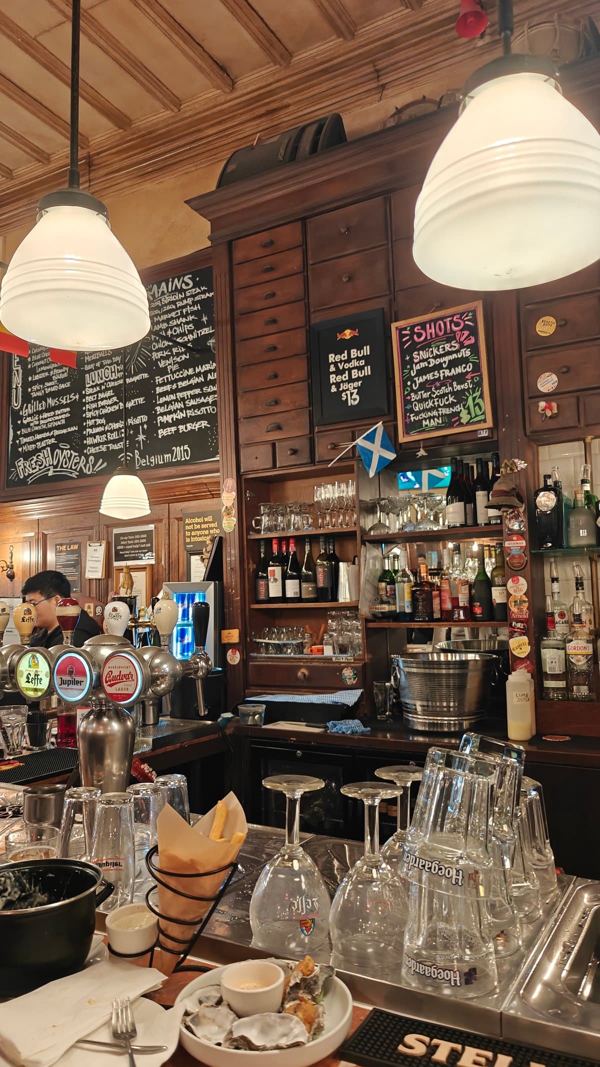 Bar counter stacked with glassware