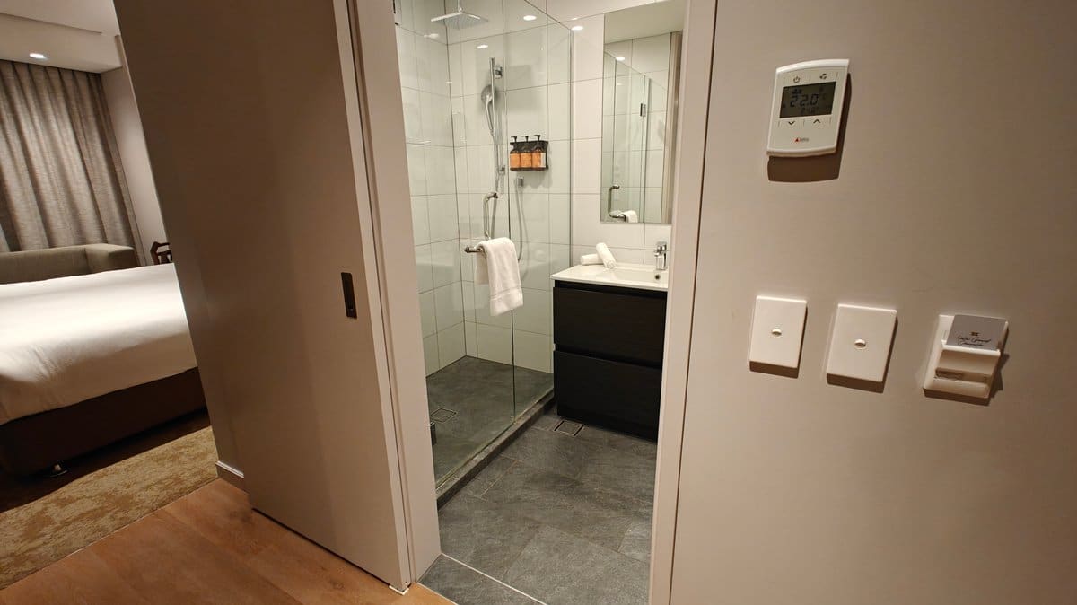 Bathroom doorway from the bedroom