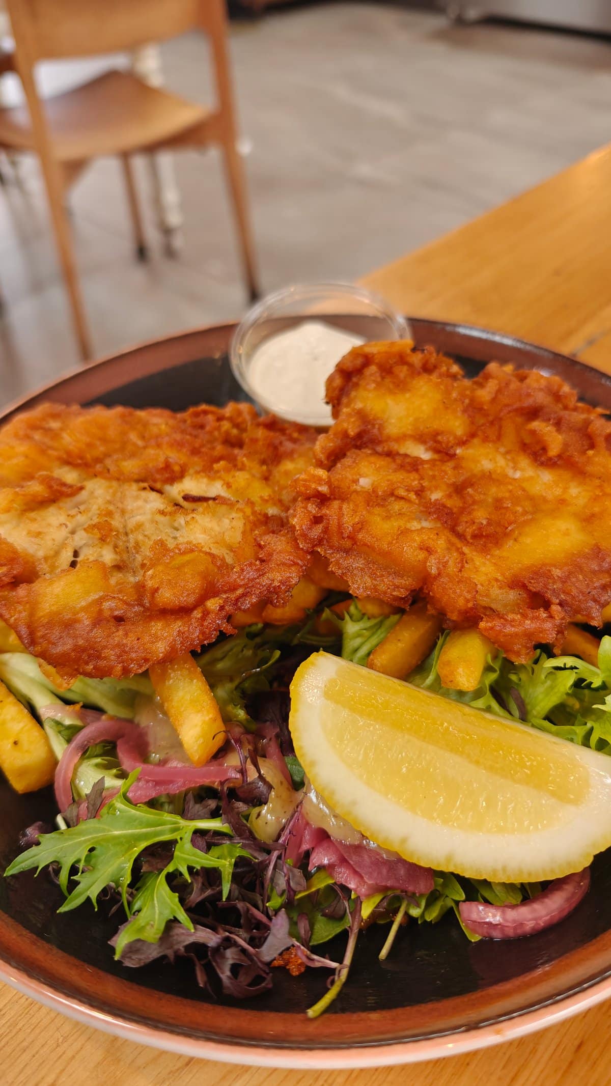 Battered seafood plate with salad