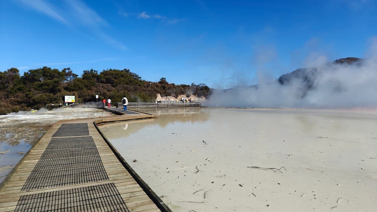 Boardwalk over steaming sinter terrace