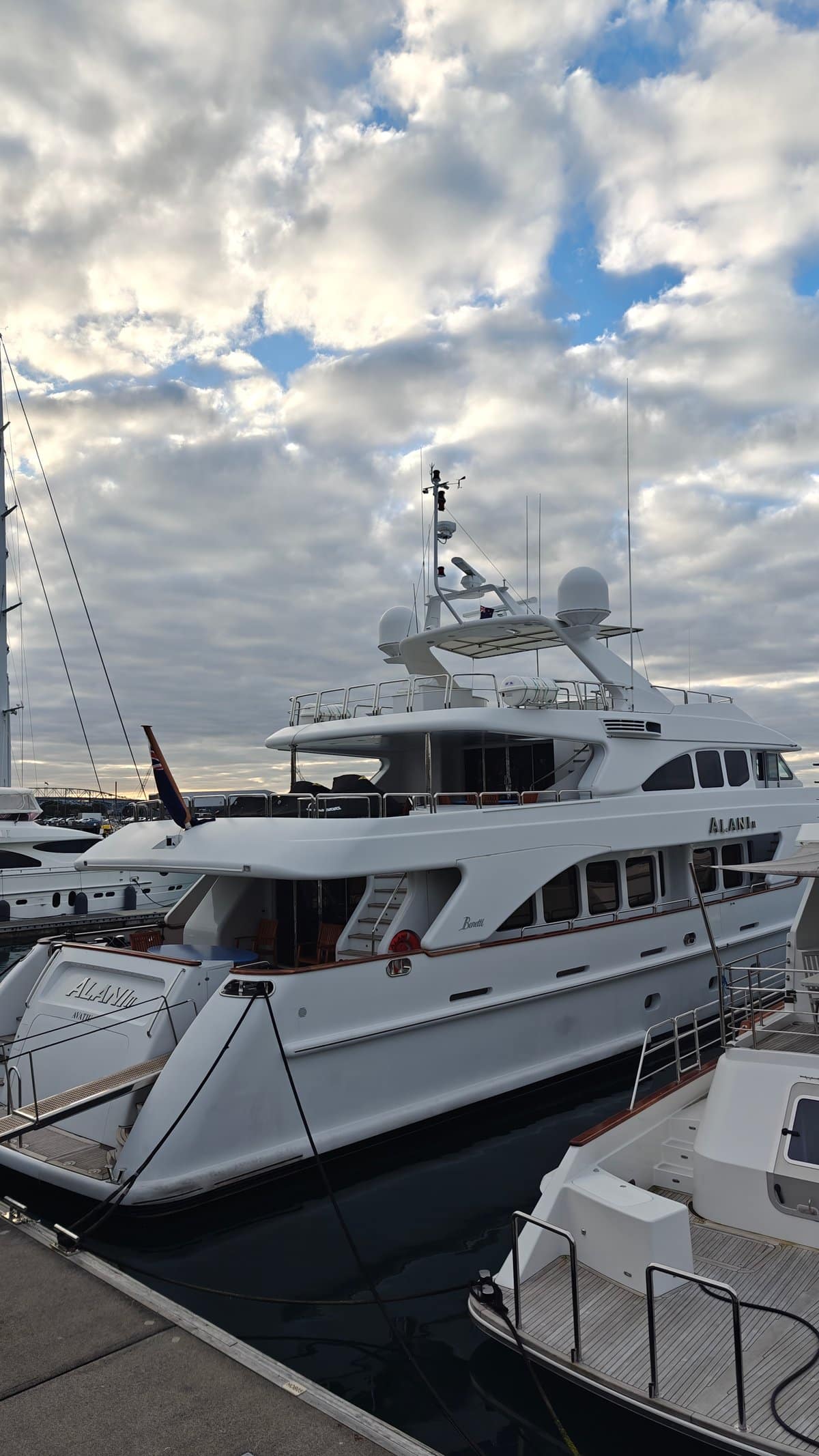 Bow of a white motor yacht