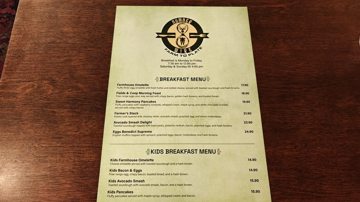 Breakfast menu with farmhouse omelette