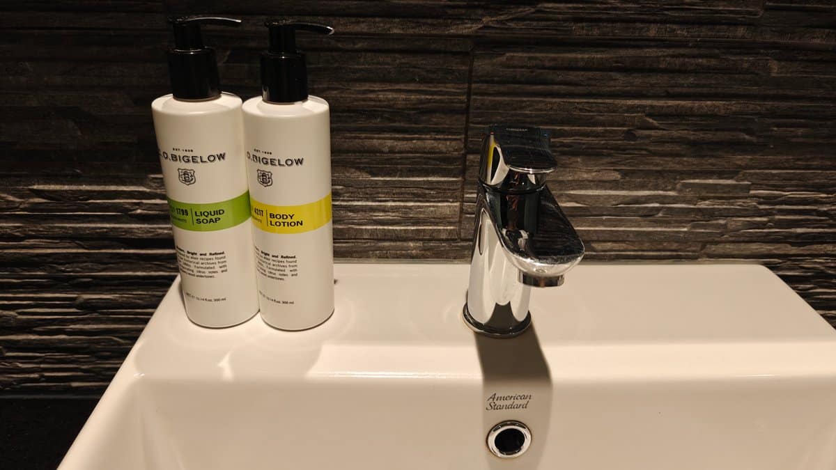C.O. Bigelow toiletries by the basin