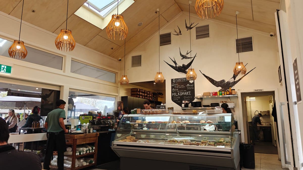 Cafe interior with pitched ceiling