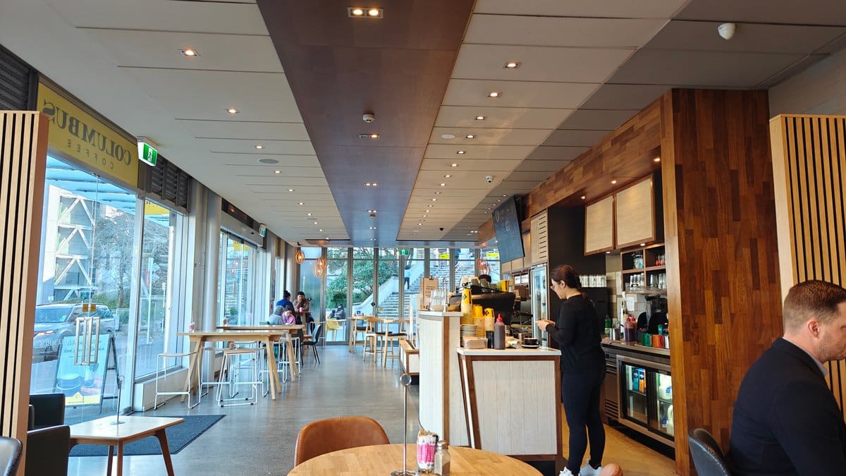 Cafe interior with timber tables