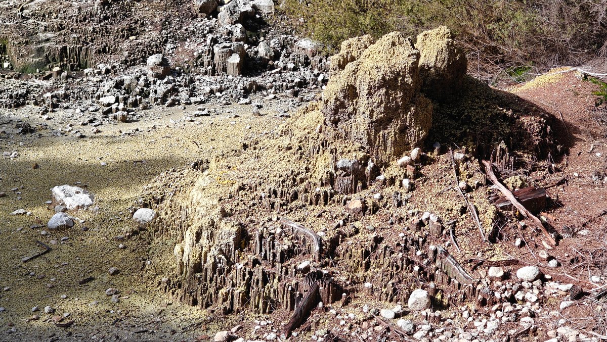 Close-up of crusted sulphur mounds