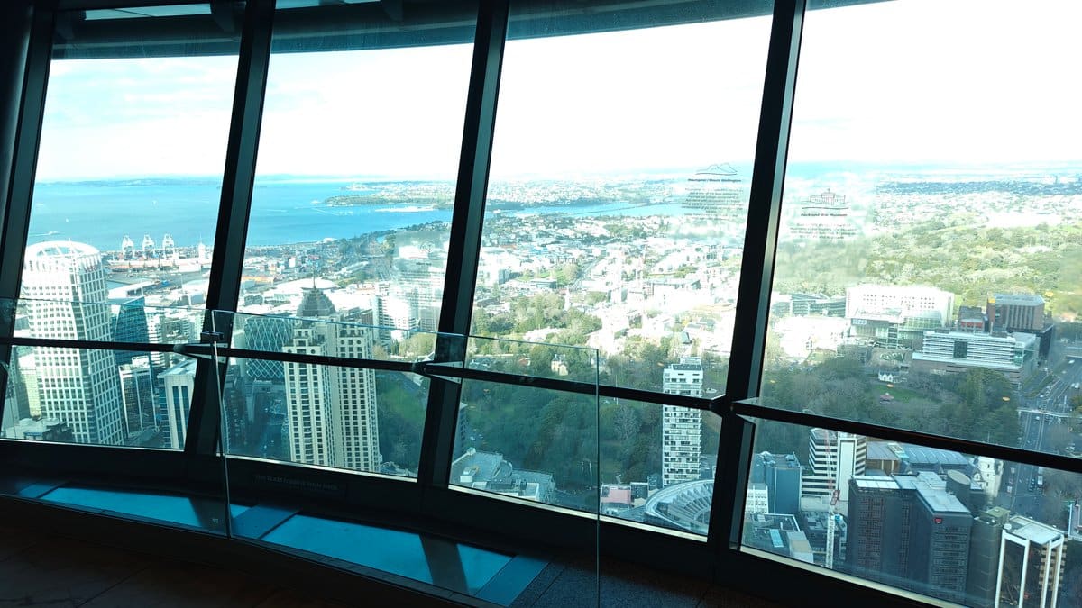 Curved deck windows city view