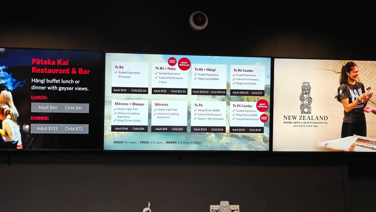 Digital menu screens for the Pātaka Kai Restaurant