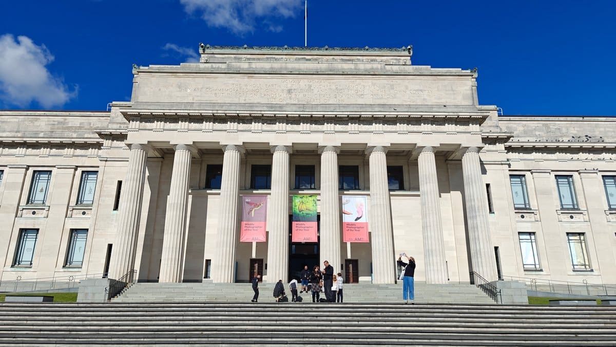 Doric colonnade and exhibition banners