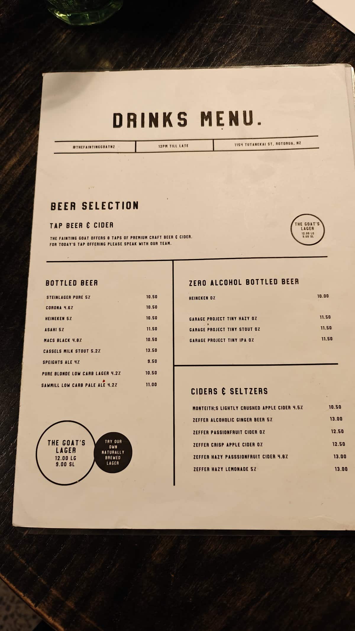 Drinks menu with house lager