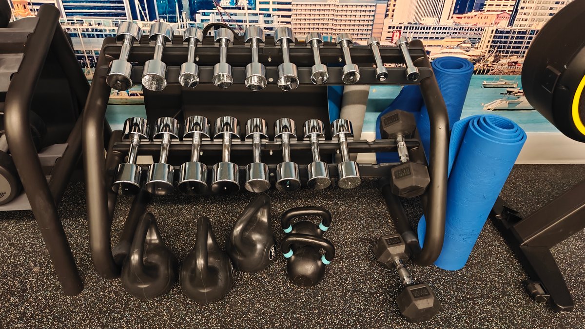 Dumbbells with bench and exercise mat
