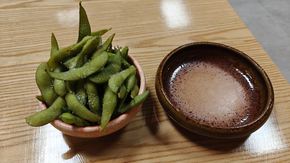 Edamame beans with dipping sauce