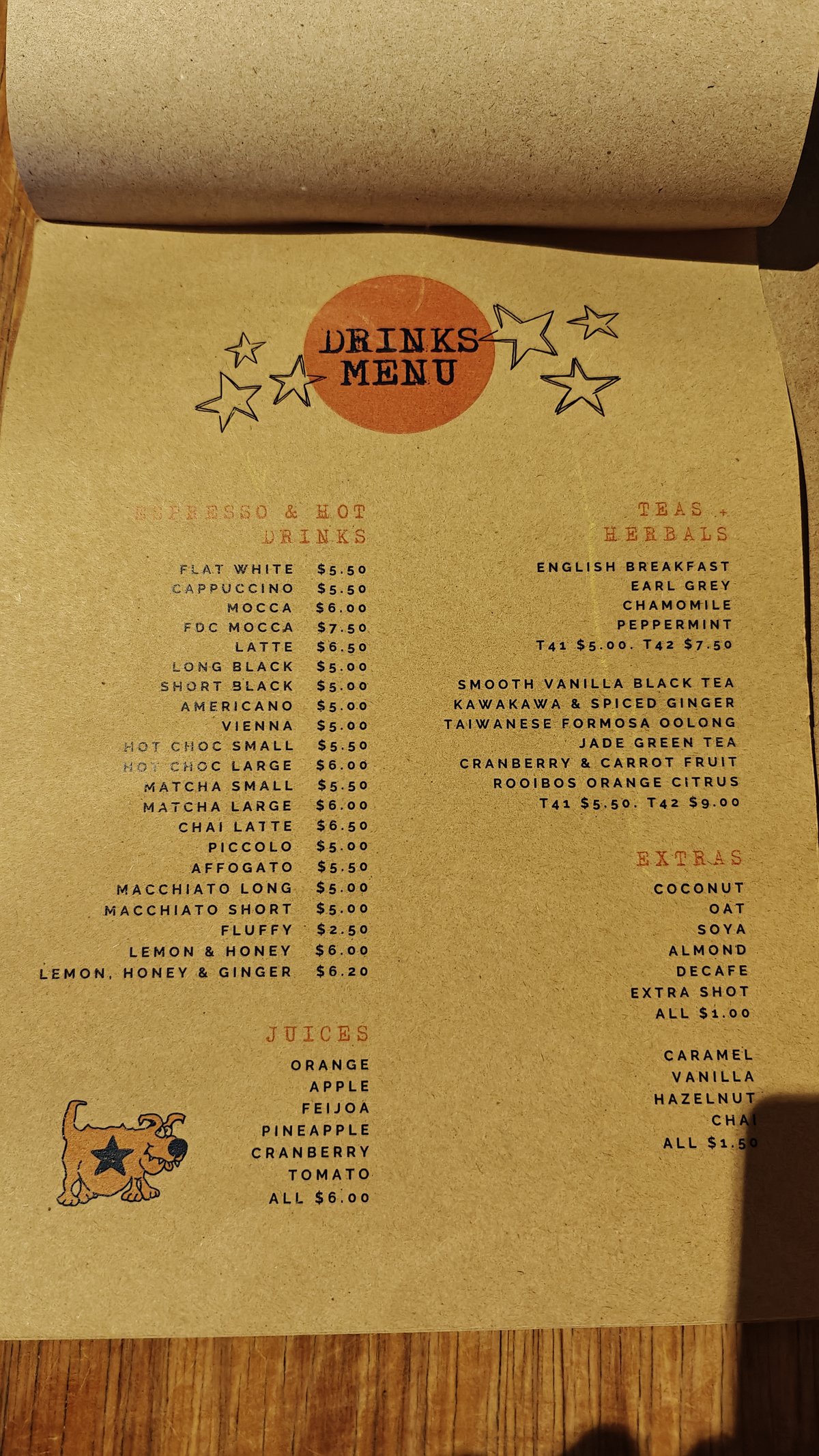 Espresso and hot drinks menu